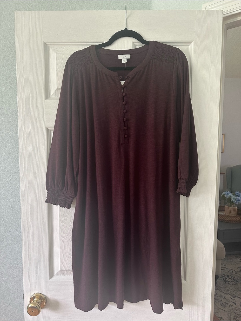J. Jill Burgundy Button-Front Smocked Yoke Dress